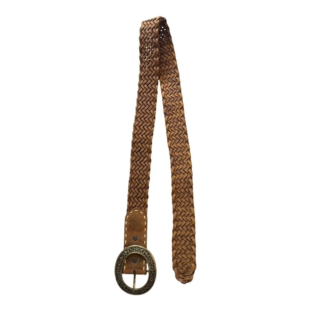 Vtg Brighton‎ Womens Braided Leather Belt L/34 Brown Brass Buckle Boho Western